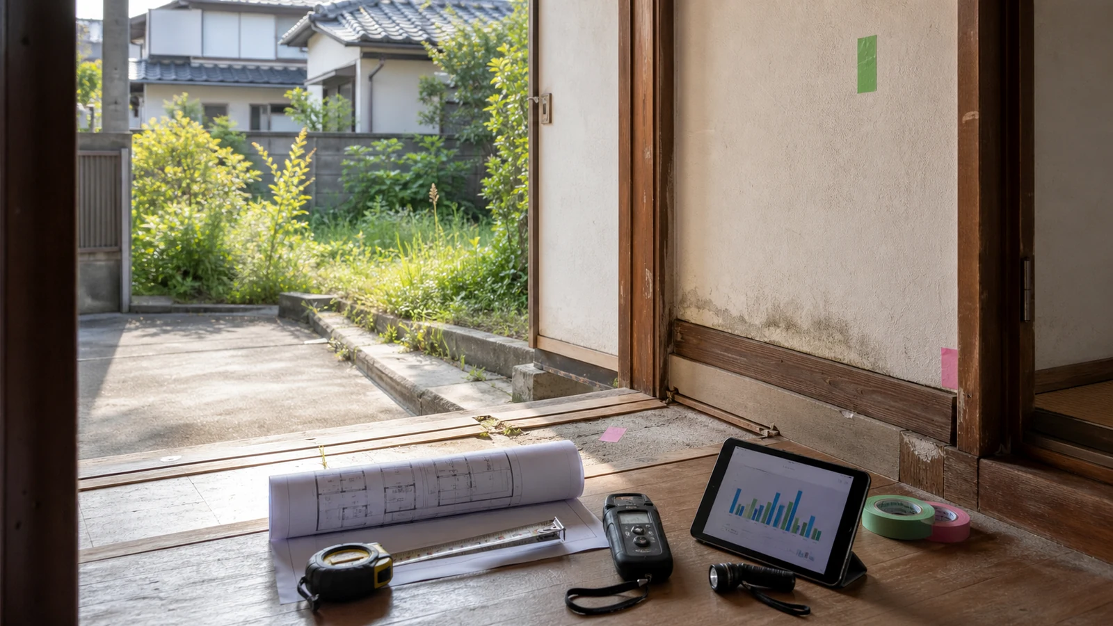 空き家を民泊にする前に、現地の玄関まわりで図面、測定道具、収支資料を並べて改修費と手残りを確認する検討シーン