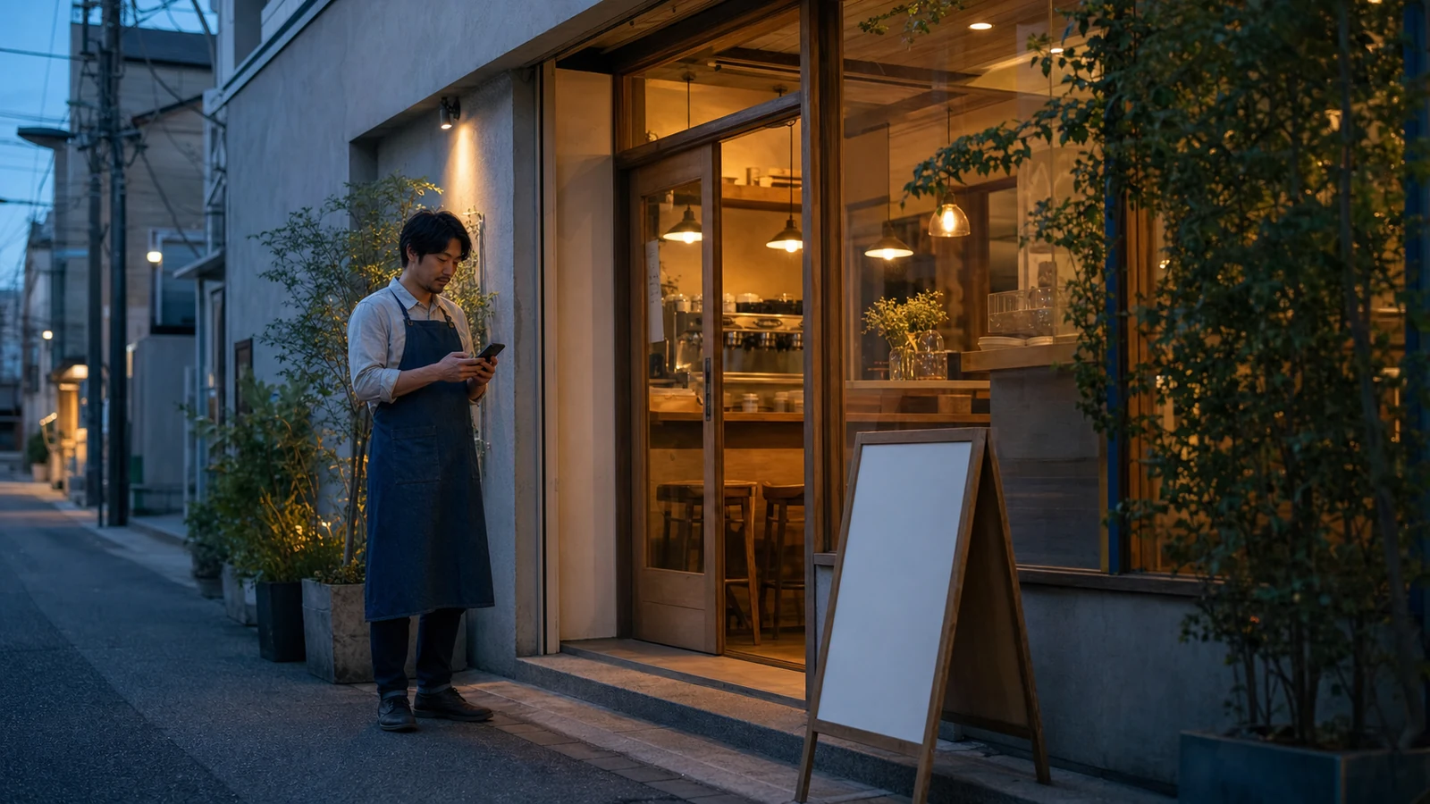 夕方の小規模カフェ店頭で、店主がスマートフォンの店舗情報を確認している様子