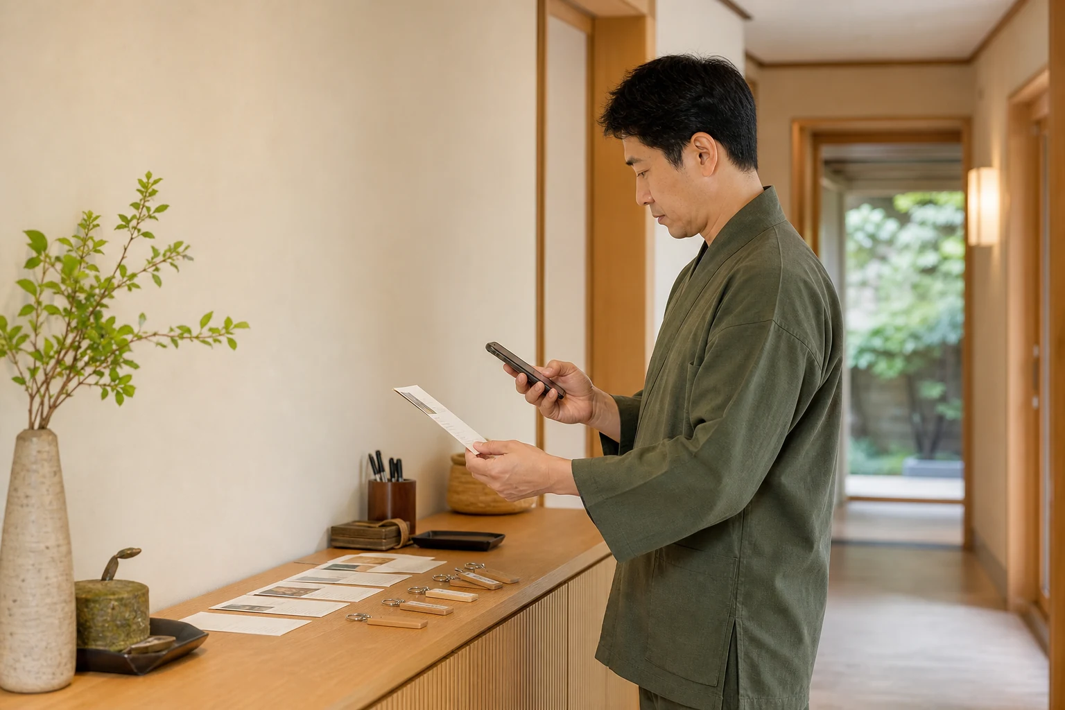 小規模旅館の明るいバックヤードで、運営者が客室情報のカードとスマートフォンを見比べ、掲載内容を確認している様子