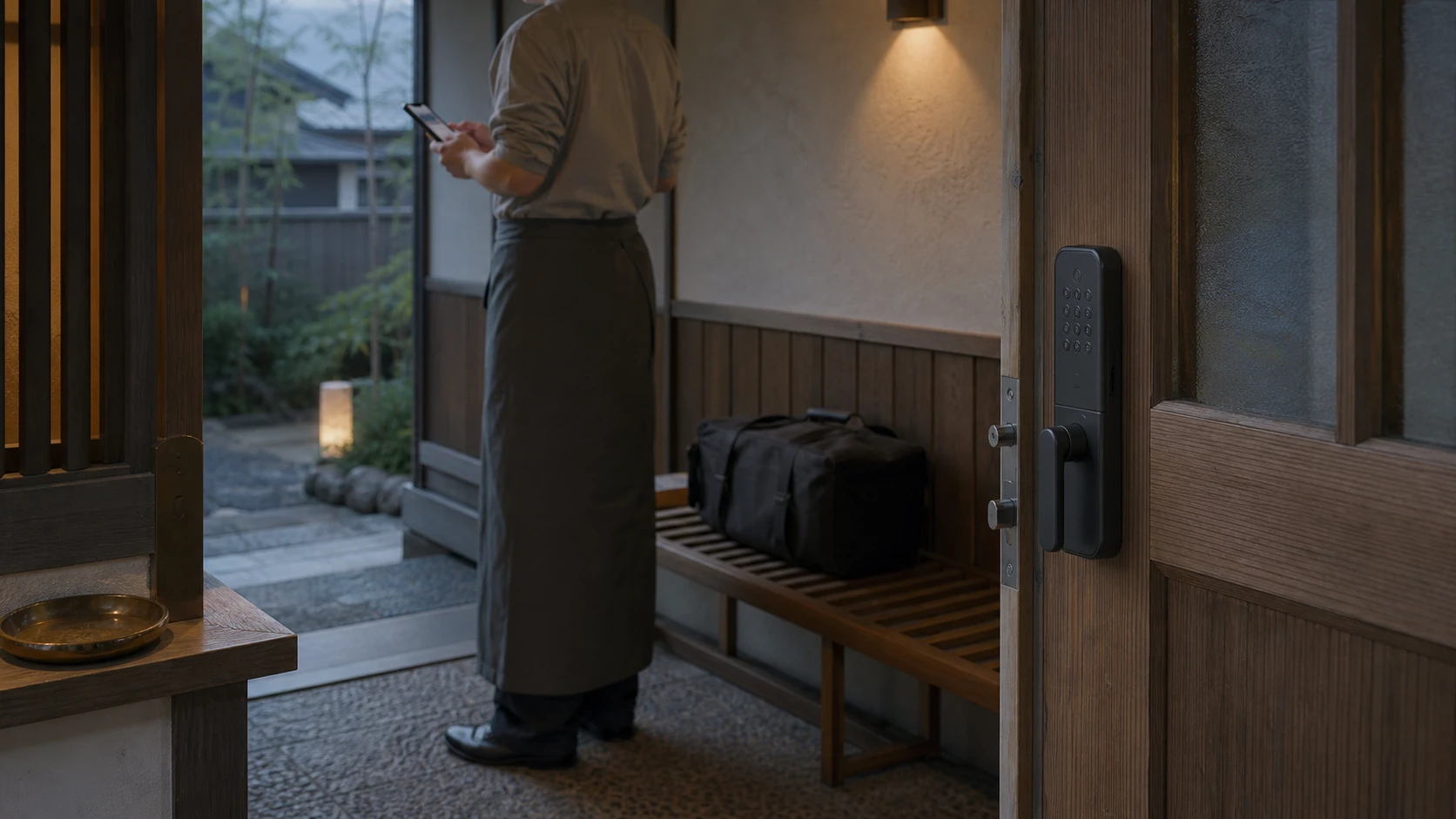小規模旅館の木製玄関扉に設置された暗証番号式スマートロックと、スマートフォンで確認する運営者